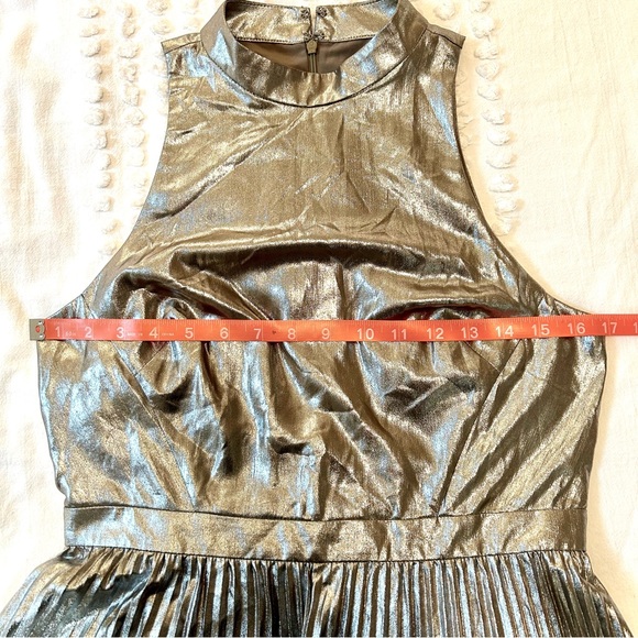 Ann Taylor Metallic Champagne Silver Gold Midi Pleated Mock Neck Dress Sz 4 - Picture 11 of 16